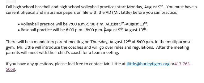 Letter about HS Volleyball & HS Baseball 