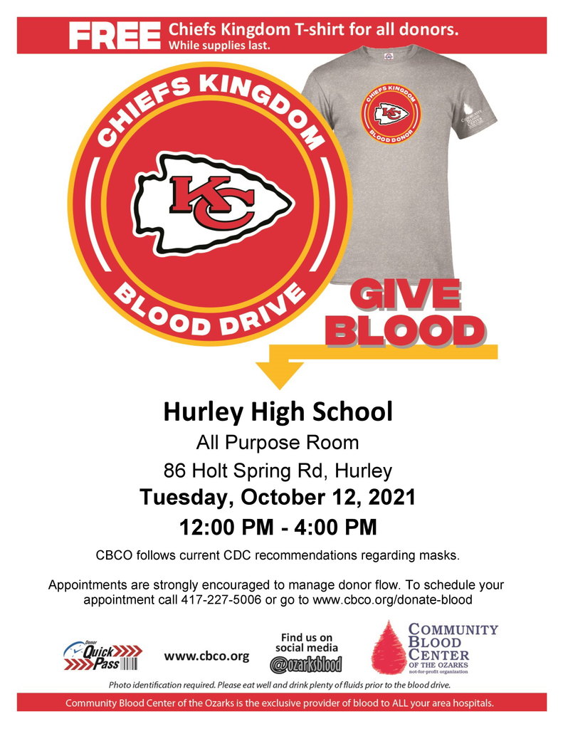 Hurley STUCO blood drive on Tues. October 12 from 12:00-4:00.