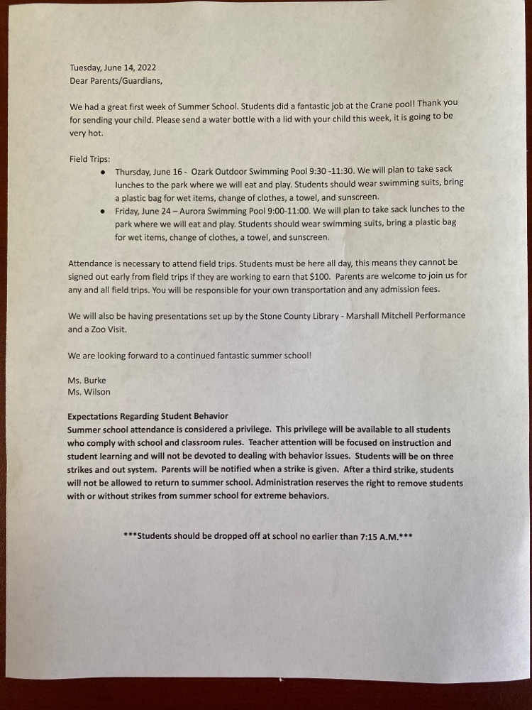 Here is the second week of summer school letter that was sent home yesterday to parents.
